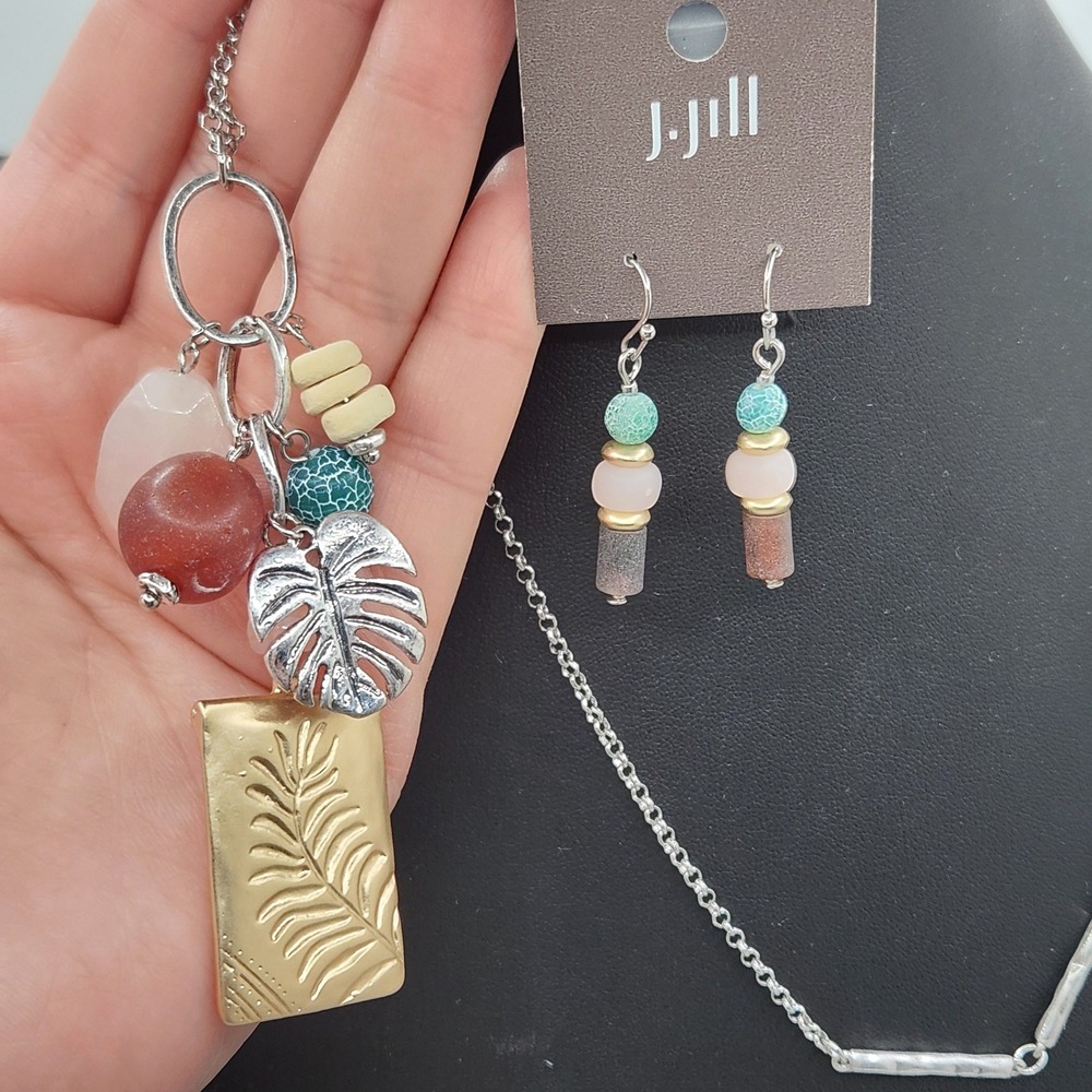 Boho J‎ Jill Monstera Leaf Gemstone Necklace and Earrings Set Coastal Vacation